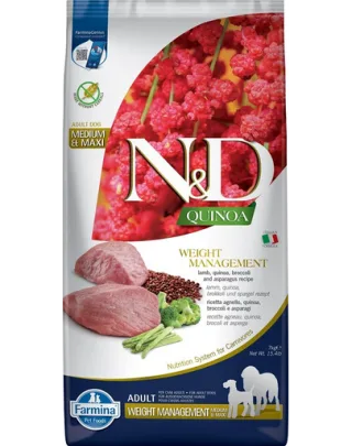 FARMINA N&amp;D Quinoa Dog Adult Medium&amp;Maxi Weight Management Lamb &amp; Broccoli 7 kg Hrana pentru caini, pentru reducerea greutatii, cu miel si brocoli