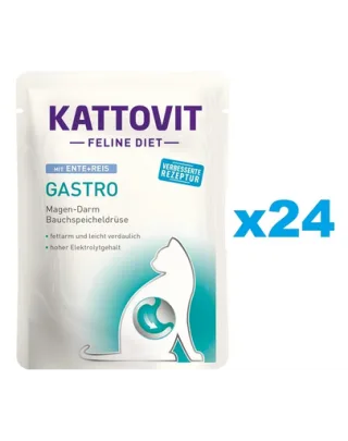 KATTOVIT Feline Diet Gastro hrana umeda dietetica pentru pisici cu afectiuni gastrointestinale, rata si orez  24 x 85 g