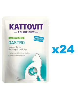 KATTOVIT Feline Diet Gastro hrana umeda dietetica pentru pisici cu afectiuni gastrointestinale, curcan si orez 24 x 85 g