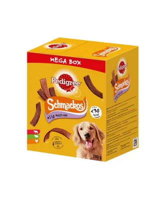 PEDIGREE Mega Box Schmackos Recompense fasii caini, cu vita, miel si pasare 790 g