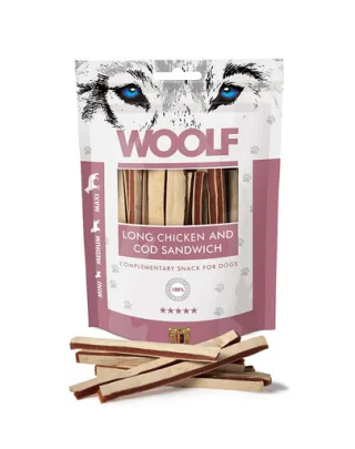 WOOLF Long Chicken And Cod Sandwich 100g pui si cod, pentru caini