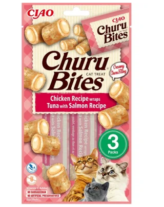 INABA Churu Bites Chicken tuna&amp;salmon wrap 3x10g pernute umplute cu ton si somon pentru pisici