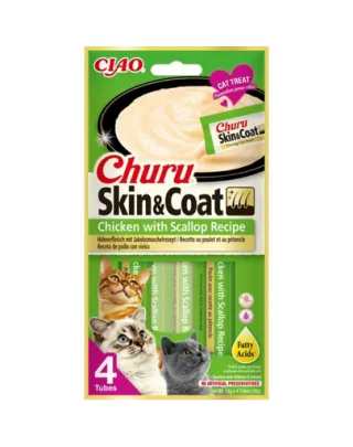 INABA Churu Skin&amp;Coat 4x14g recompense cremoase pui si scoici pentru pisici