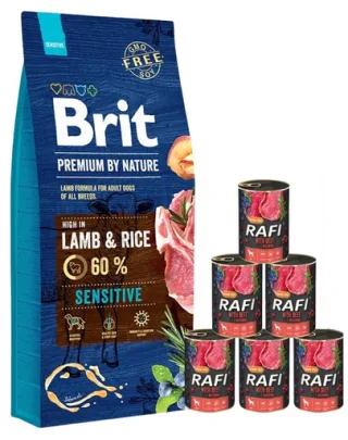 BRIT Premium By Nature Sensitive Lamb 15 kg + hrana umeda cu vita 6x400 g