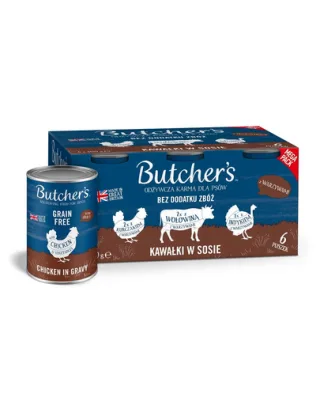 BUTCHER'S Original Recipe in gravy pentru caini 6x400 g mix arome cu legume si bucati vita, curcan si pui cu sos