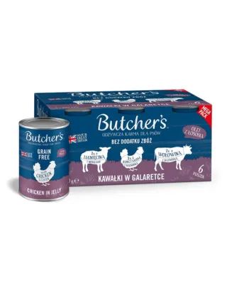BUTCHER'S Original Recipe in jelly mix ficat sau rinichi 6x400 g bucati vita, miel si pui in aspic, hrana pentru caini