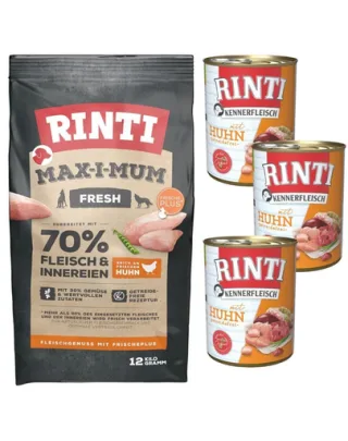 RINTI MAX-I-MUM Chicken cu pui, pentru caini 12 kg + Kennerfleisch Chicken hrana umeda 3x400 g