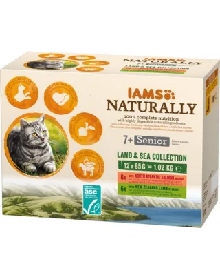 IAMS Naturally Senior Cat Land &amp; sea collection Hrana umeda pentru pisici senior, mix de arome de carne si peste 12 x 85 g