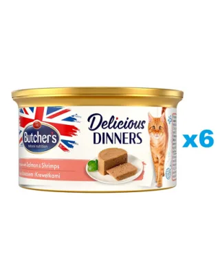BUTCHER'S Classic Delicious Dinners 6x85 g mousse pisica, somon si creveti