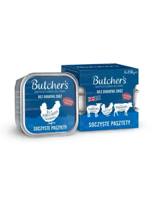 BUTCHER'S Original Pateu suculent Arome mixte cu ficat sau rinichi 4x150 g pateu cu carne de vită, cu miel și pui pentru câini