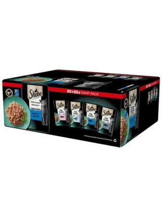 SHEBA Delicacy Fish Flavours in Jelly Plicuri hrana pisica, in aspic 80 x 85g somon, peste alb, ton si cod