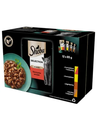 SHEBA Selection Juicy Flavors plicuri 12x85 g hrana umeda completa pentru pisici adulte, in sos, cu vita, pui, miel, curcan