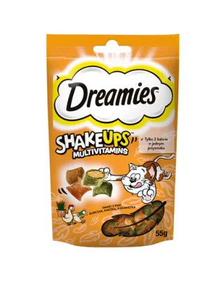 DREAMIES ShakeUps Multivitamins 55g recompensa cu pui, rata si iarba pisicii pentru pisici