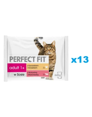 PERFECT FIT Adult plic hrana umeda pisica 52x85g in sos cu pui si mazare, vita si morcovi