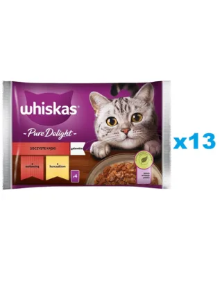 WHISKAS Adult Plicuri hrana umeda pisica 52x85 g Juicy Bites hrana umeda cu bucat de carne de vita, pui in aspic