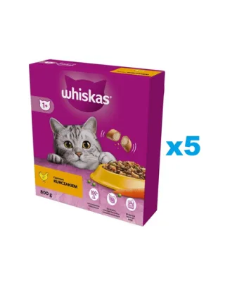 WHISKAS Adult 5x800 g hrana completa uscata cu pui delicios pentru pisici adulte