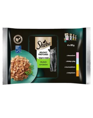 SHEBA Fine Flakes in Jelly hrană umedă pentru pisici adulte în jeleu 4 x 85 g (cu pește alb, somon, curcan și pui)
