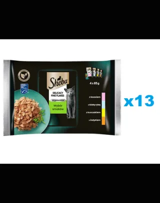 SHEBA Delicacy Fine Flakes pliculete pentru pisici 52x85 g hrana umeda bucati in aspic cu: somon, peste alb, pui, curcan