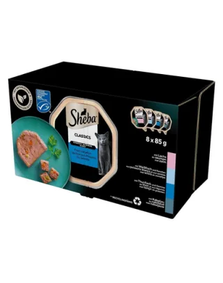 SHEBA Classics hrana cu peste pentru pisica 8x85 g pate cu somon, peste alb si morcovi, ton si legume, cod