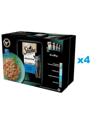SHEBA Selection varietate plicuri in sos 48x85 g hrana umeda cu somon si cod, peste alb, peste oceanic, cod pentru pisici