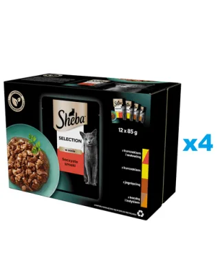 SHEBA Selection 48x85 g hrana pisici adulte, in sos, cu vita, pui, miel, curcan