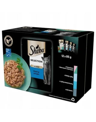 SHEBA Selection plicuri hrana pisica 48x85 g somon si cod, peste alb, peste oceanic, cod in sos