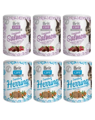 BRIT Care Cat Snack Superfruits 6x100 g hering si somon pentru pisici sterilizate, mix arome