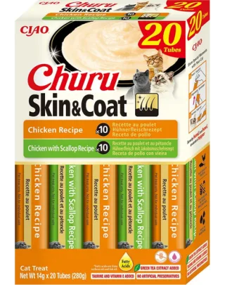 INABA Churu Cat Skin Coat 20x14g recompensa crema, cu pui si scoici pentru pisica