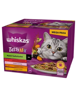 Hrana pentru pisici WHISKAS Adult 24x85 g Tasty Mix mix arome in sos cu vita, somon, pui si curcan, pui si cod pentru pisici adulte