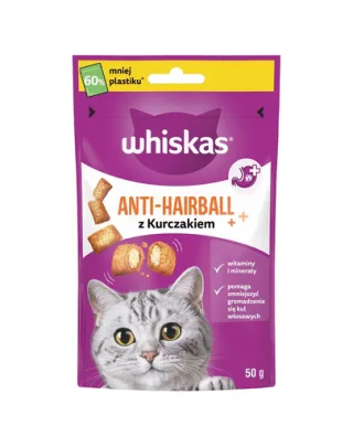 WHISKAS Anti-Hairball 50 g gustari anti-ghemotoc cu pui pentru pisici adulte