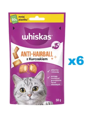 WHISKAS Anti-Hairball 6x50 g recompense anti-ghemotoc cu pui pentru pisici adulte