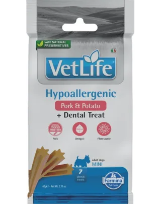 FARMINA Vet Life Dental Treat Hypoallergenic Pork Mini 60 g recompensa dentara pentru caini de rase mici, cu porc