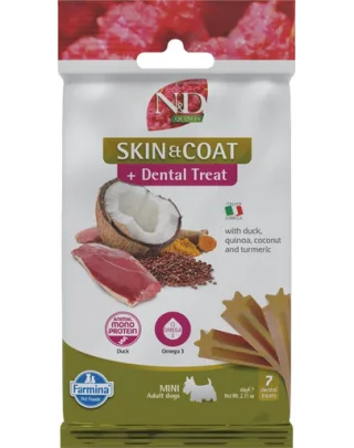 FARMINA N&amp;D Quinoa Dental Treat Skin Coat Duck Mini 60 g recompensa dentara cu rata, pentru caini de rase mici
