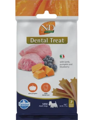 FARMINA N&amp;D Pumpkin Dental Treat Lamb Blueberry Mini 60 g recompensa dentara caini de talie mica, cu miel