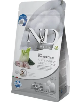 FARMINA N&amp;D White Dog Adult Medium Maxi Sea Bass, Spirulina, Fennel 2 kg Hrana caine adult cu blana alba