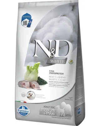 FARMINA N&amp;D White Dog Adult Medium Maxi Sea Bass, Spirulina, Fennel 7 kg Hrana caine talie medie si mare, cu blana alba