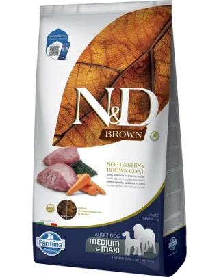 FARMINA N&amp;D Brown Dog Adult Medium Maxi Lamb, Spirulina, Carrot 7 kg Hrana caine talie medie si mare, cu blana inchisa la culoare