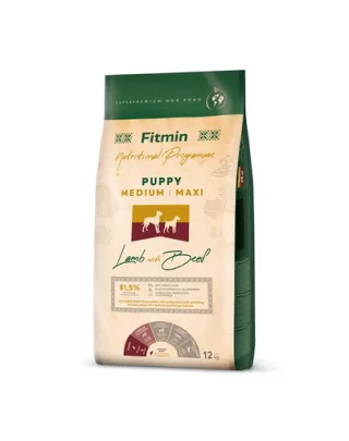 FITMIN Dog Nutritional Programme Medium Maxi Puppy Lamb&amp;Beef 12 kg Sac hrana catei talie medie si mare, cu miel si vita