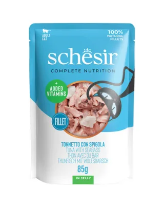 SCHESIR Jelly Adult Tuna&amp;Sea Bass 85g ton si biban de mare in aspic, hrana pisica adulta