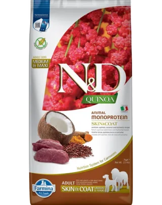 FARMINA N&amp;D Quinoa Dog Adult Medium&amp;Maxi Skin&amp;Coat Venison &amp; Coconut 7 kg Hrana uscata pentru caini, pentru piele si blana, cu vanat