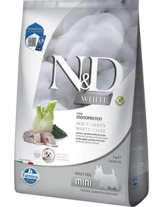 FARMINA N&amp;D White Dog Adult Mini 5 kg biban de mare, spirulină și fenicul, hrană câini adulți talie mică
