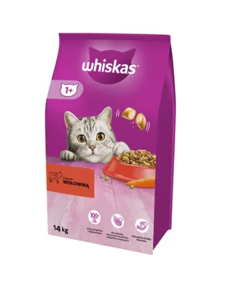 WHISKAS Adult vită 14kg + WHISKAS Adult 12x400 g vită în sos hrană pisici