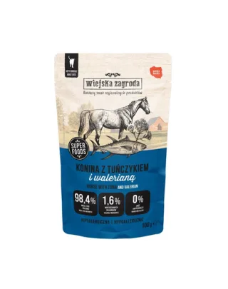 WIEJSKA ZAGRODA Superfoods Hrană umedă pentru pisici, carne de cal cu ton și valeriană 100 g