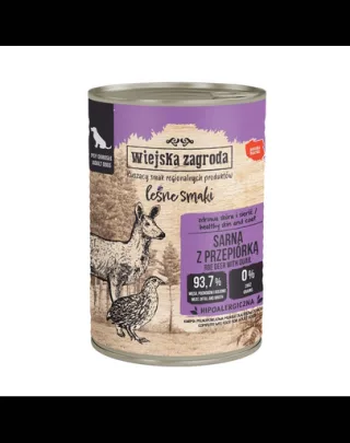 WIEJSKA ZAGRODA Arome din pădure, hrană umedă pentru câini cu carne de căprioară și prepeliță 400 g