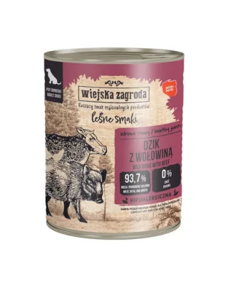 WIEJSKA ZAGRODA hrană umedă pentru câini adulți cu mistreț și vită (Gusturi de Pădure) 800 g