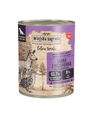 WIEJSKA ZAGRODA hrană umedă pentru câini adulți cu căprioară și prepeliță (Gusturi de Pădure) 800 g