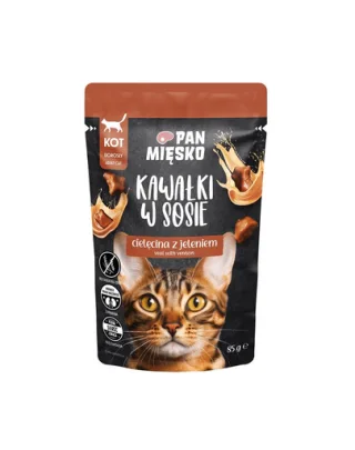 PAN MIĘSKO Bucăți în sos Vițel cu cerb, hrană umedă pentru pisici 85 g