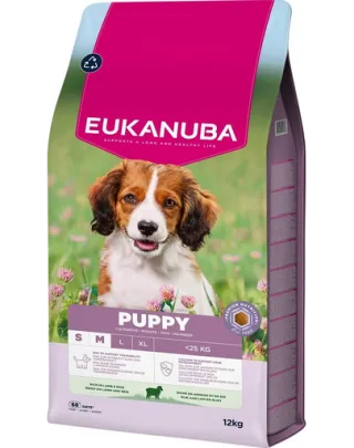 EUKANUBA Puppy Small Medium Breeds Lamb Rice 12 kg hrană uscată pentru căței din rase mici și medii, bogată în carne de miel și orez