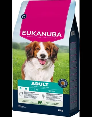 EUKANUBA Adult Small Medium Breeds Lamb Rice 12 kg hrană câini rase mici și medii bogată în carne de miel și orez