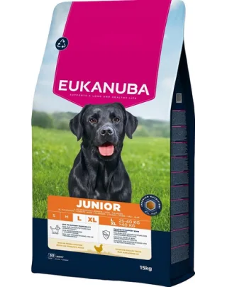 EUKANUBA Junior Large Breeds Chicken 15 kg hrană câini tineri rase mari, bogată în pui proaspăt